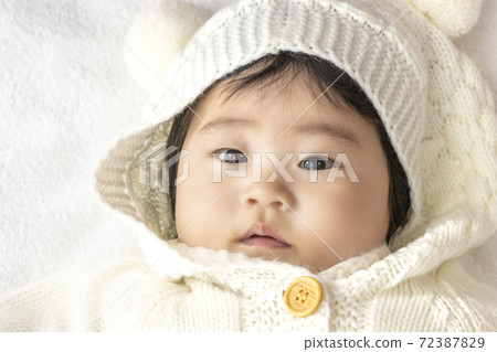 Baby face in white sweater and hood (0 years old, 5 months old, girl) Baby face in white sweater and hood (0 years old, 5 months old, girl) 72387829