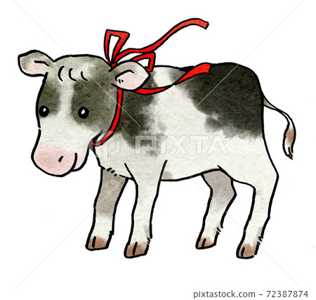 手繪小牛插畫少女自然水彩畫 72387874