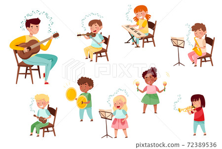 Funny Kid Characters Playing Violin and Saxophone at Music Lesson Vector Set 72389536