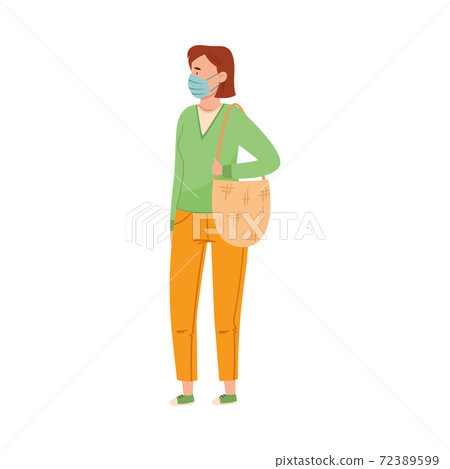 Woman in Protective Mask Walking Along the Street Vector Illustration 72389599