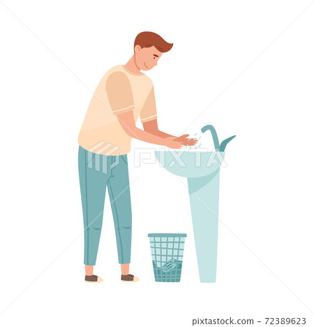 Man Standing at Wash Stand and Washing His Hands Vector Illustration Man Standing at Wash Stand and Washing His Hands Vector Illustration 72389623