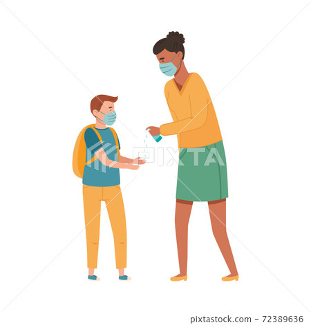 African American Woman in Medical Face Mask Disinfecting Hands of Schoolboy Vector Illustration 72389636
