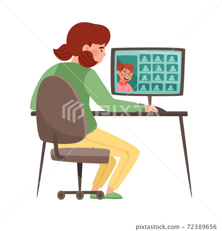 Girl School Student Attending Online Lesson Via Computer Vector Illustration 72389656