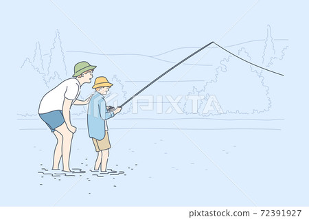 Fatherhood, fishing, childhood, training, leisure concept. Fatherhood, fishing, childhood, training, leisure concept. 72391927
