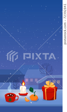 Cozy Christmas stories format , home isolation, snowfall in town, candle gift and a cut of hot drink. Background with night town outline, stars, lights. Vector illustration 72392841