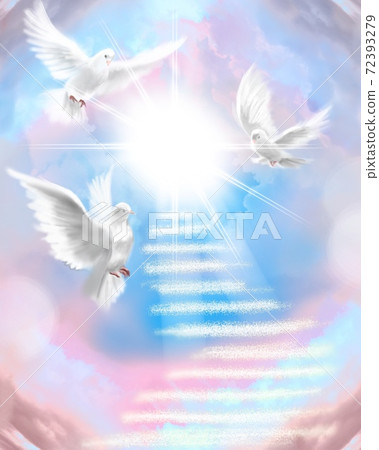 Religious paintings of stairs leading to heaven, colorful clouds and three white doves Religious paintings of stairs leading to heaven, colorful clouds and three white doves 72393279