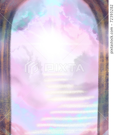 Religious paintings of stairs and colorful clouds leading to heaven over the stone gate Religious paintings of stairs and colorful clouds leading to heaven over the stone gate 72393282