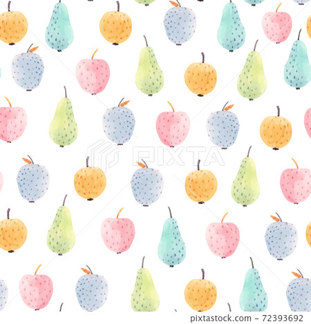 Beautiful vector seamless pattern with cute abstract watercolor apple and pear fruits. Stock illustration. 72393692