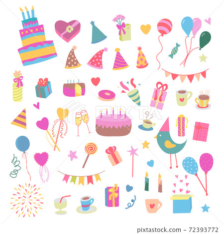 Vector illustration birthday party colorful accessories and decoration, sweet treats, cakes, balloons, candies, gifts in flat cartoon style. 72393772