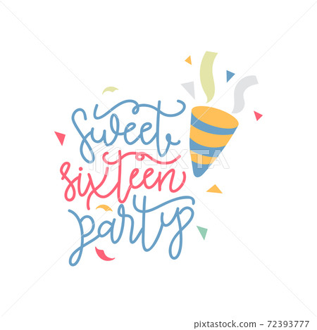 Sweet sixteen. Happy Birthday lettering sign. Design elements for postcard, poster, graphic, flayer. Simple vector brush calligraphy. Stock illustration Isolated on white background. Sweet sixteen. Happy Birthday lettering sign. Design elements for postcard, poster, graphic, flayer. Simple vector brush calligraphy. Stock illustration Isolated on white background. 72393777