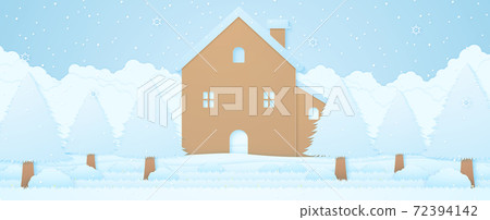 House and trees on snow in winter landscape with snow falling, cloudscape background, paper art style 72394142