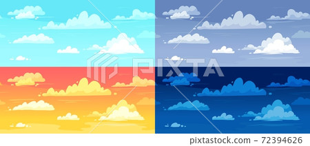 Cartoon cloudy skies in different parts of day background illustration set. Morning, evening and night landscape Cartoon cloudy skies in different parts of day background illustration set. Morning, evening and night landscape 72394626