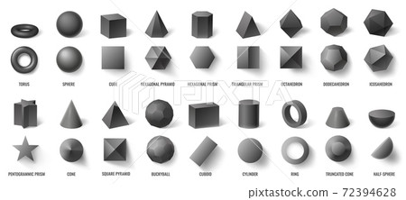 Realistic black basic geometric 3d shapes in top and front view isolated on white. Three dimensional objects 72394628