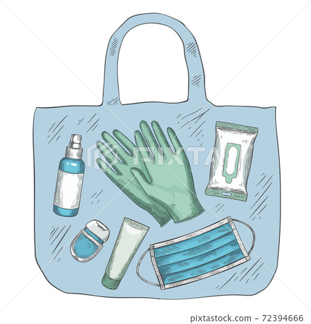 Travel sanitizer kit. Disinfectant, medical mask, gloves, alcohol spray and wipes in bag. New normal life during covid-19, vector concept 72394666