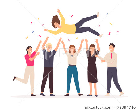 Team throwing person in air. Celebrate win and... - Stock Illustration