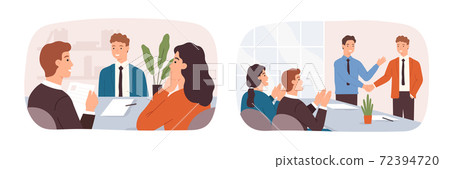 Job interview. Candidate sitting at desk with hr specialist. Office hire new employee. Worker handshake with boss. Promotion vector concept 72394720