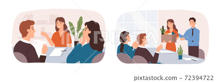 New employee welcome. Job interviewing, hiring and start work career. Young woman at boss meeting. Office team greet worker vector concept 72394722