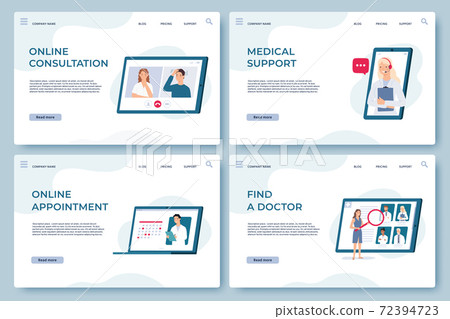 Medical consultation landing pages. Online doctor support, health services, find specialist and make appointment. Medicine vector web page 72394723