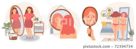 Women with mirrors. Confident young female look at reflection in mirror. Self acceptance concept. Girls in scandinavian interior vector set 72394734