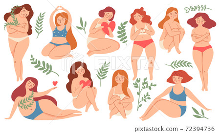 Body positive. Happy plus size beautiful women in swimsuit and underwear holding hearts and hugs knees. Female self care and love vector set 72394736