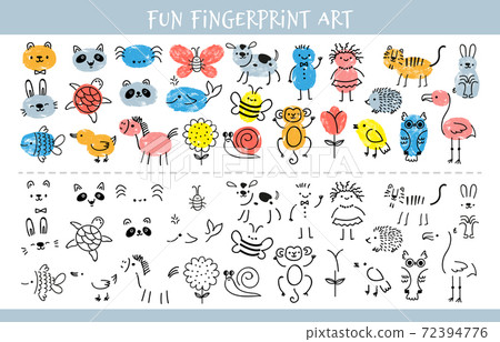 Paint with finger prints. Kids fingerprint learning art game and quiz worksheet with characters. Education drawing for children vector sheet 72394776