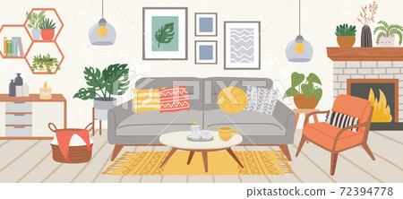 Living room interior. Modern home indoor furniture cozy sofa, carpet, chair, table and plant in scandic hygge style. Apartment vector decor 72394778