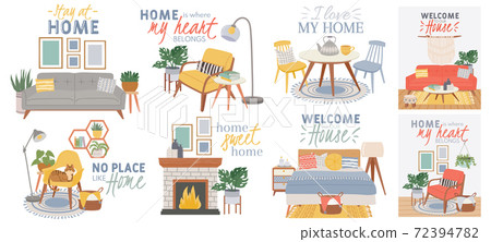 Scandic cozy interiors. Comfy furnished living room and bedroom in hygge style with armchair, plants and cat. Modern stay home vector poster 72394782