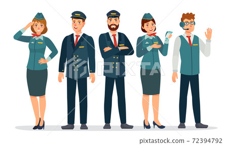Aircraft staff. Air crew in uniforms pilots, stewardesses and flight attendant. Group of airport employee. Airline personnel vector concept 72394792