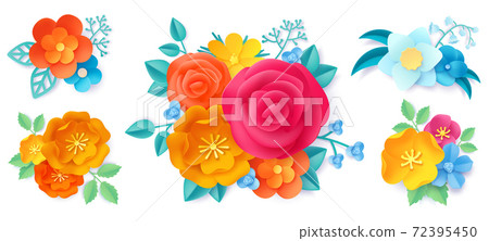 Paper art bouquets. Origami roses, wild flowers and leaves beautiful bridal bouquet. 3d nature decoration. Spring floral concept vector set 72395450