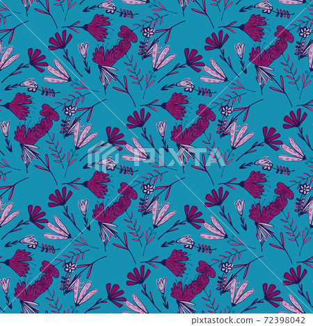 Pink colored flowers bouquet seamless pattern. Hand drawn botanical print with blue background. Pink colored flowers bouquet seamless pattern. Hand drawn botanical print with blue background. 72398042
