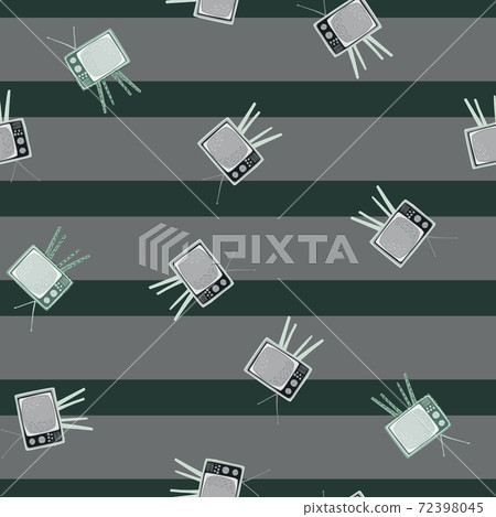 Seamless random pattern with tv set simple shapes. Striped backround. Grey colored artwork. Seamless random pattern with tv set simple shapes. Striped backround. Grey colored artwork. 72398045