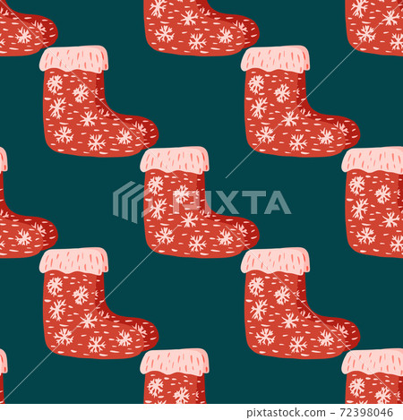 Red gift sock wth snowflakes ornament seamless pattern. Cute elements on dark turquoise background. 72398046