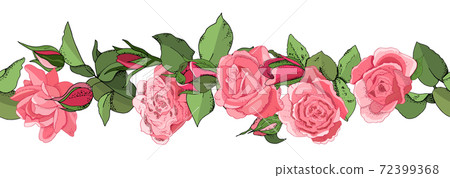 Hand drawn seamless border of pink roses, leaves, bud and an open flower. Flower rose, green leaves. Wedding concept. Floral poster, invite. 72399368