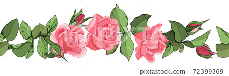 Hand drawn seamless border of pink roses, leaves, bud and an open flower. Hand drawn seamless border of pink roses, leaves, bud and an open flower. 72399369