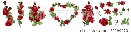 Vector hand drawn elements set of red roses, leaves, bud and an open flower. 72399370