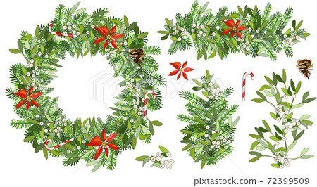 Vector round Christmas wreath with mistletoe,... - Stock Illustration ...
