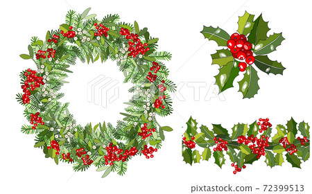 Vector round wreath with mistletoe, spruce... - Stock Illustration ...