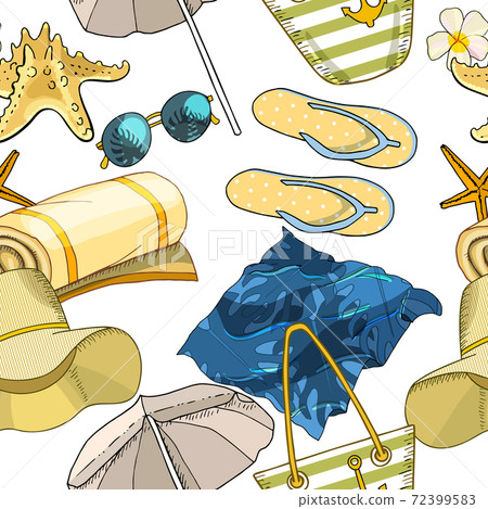 Summer beach seamless pattern. Vector hand... - Stock Illustration ...