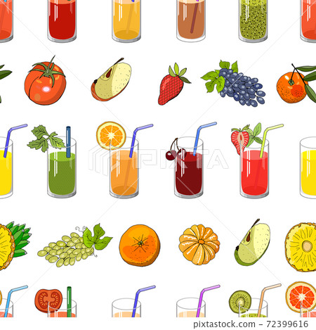 Seamless pattern with natural juice and fruit. Vector endless hand drawn illustration isolated on white background. 72399616