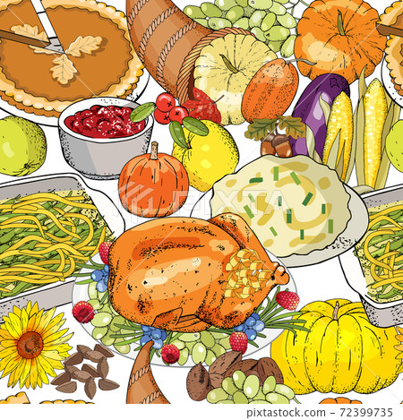 Autumn seamless pattern of elements with thanksgiving symbols, cornucopia 72399735
