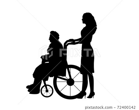 Silhouettes of woman walking her grandmother in wheelchair 72400142