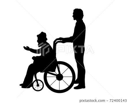 Silhouettes of man walking his grandfather in wheelchair Silhouettes of man walking his grandfather in wheelchair 72400143
