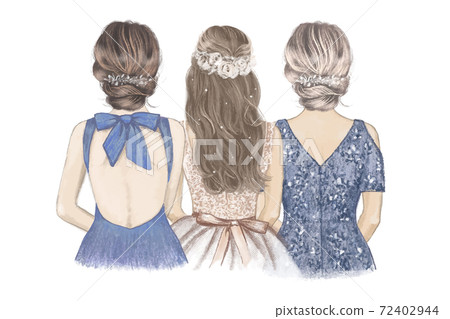 Bride with her Sister and Mom side by side. Hand drawn illustration 72402944