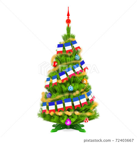 Christmas tree with French Xmas pennant flags, 3D rendering Christmas tree with French Xmas pennant flags, 3D rendering 72403667