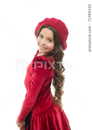 Fashionable kid. Happy girl. French style child. Parisian girl in beret 72404320