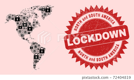 South and North America Map Composition of Locks and Covid and Distress Lockdown Stamp Seal South and North America Map Composition of Locks and Covid and Distress Lockdown Stamp Seal 72404819