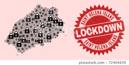 Saint Helena Island Map Collage with Locks and Viruses and Textured Lockdown Seal 72404839