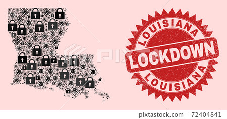 Louisiana State Map Mosaic with Locks and Covid and Scratched Lockdown Stamp Seal Louisiana State Map Mosaic with Locks and Covid and Scratched Lockdown Stamp Seal 72404841