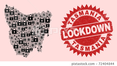 Tasmania Island Map Composition of Locks and Coronaviruses and Distress Lockdown Stamp Tasmania Island Map Composition of Locks and Coronaviruses and Distress Lockdown Stamp 72404844