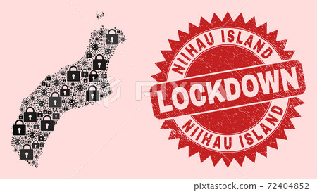 Niihau Island Map Collage of Locks and Covid-2019 and Textured Lockdown Seal Stamp 72404852